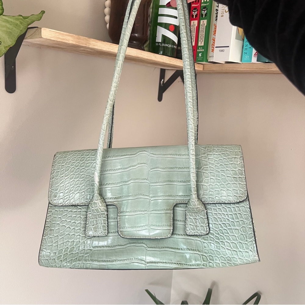 Tommy Hilfiger Light Green Croc Print Leather Shoulder Bag
